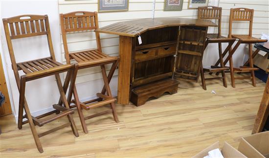 A teak folding bar and four bar stools Bar W. approx. 180cm when open